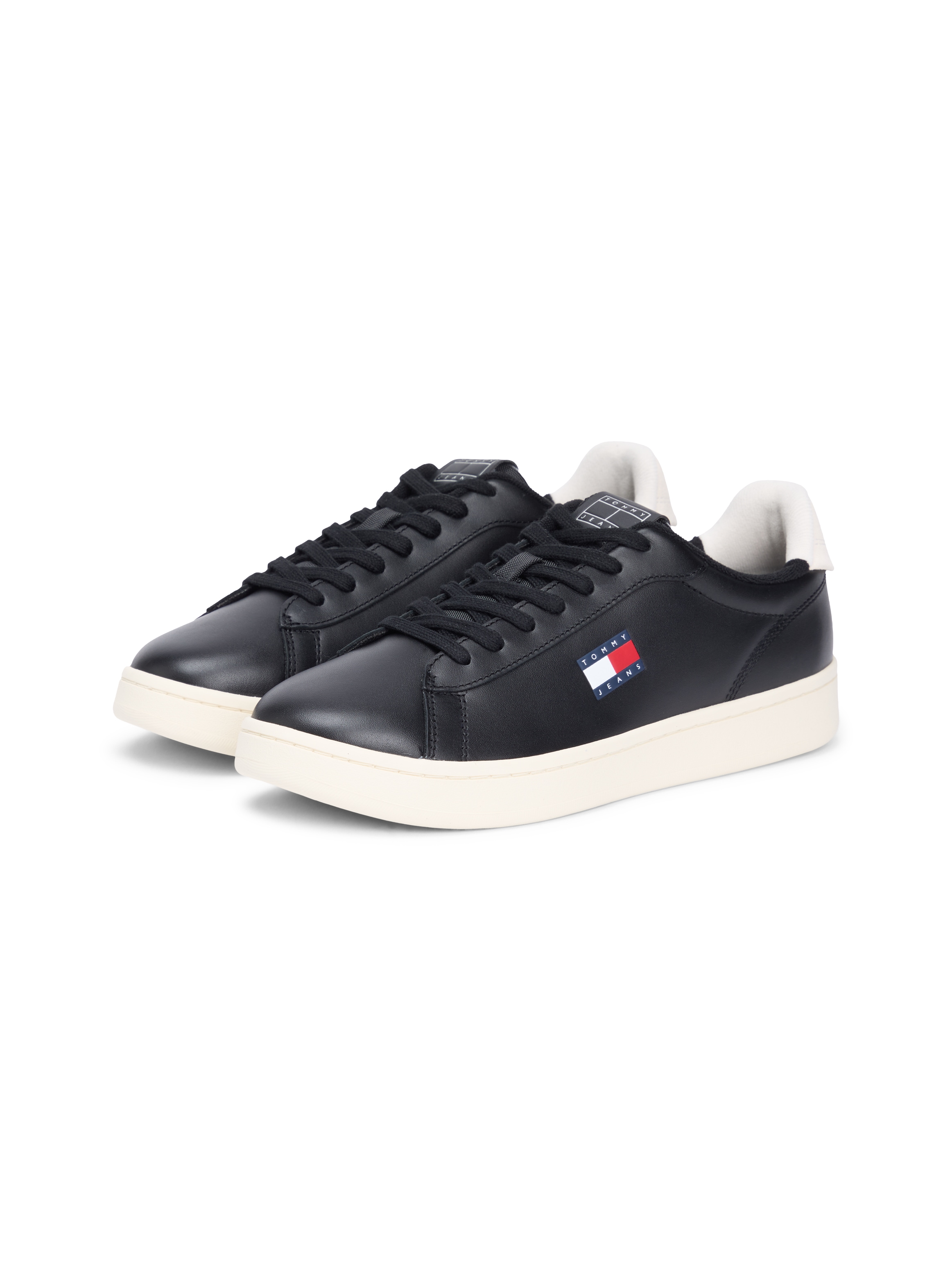Sneaker TOMMY JEANS "ARCHIVE '98", Herren, Gr. 45, schwarz, weiß, Nappaleder, Textil, unifarben mit Farbeinsatz, Schuhe Sneaker, Freizeitschuh, Streetwear, Halbschuh, Schnürer mit Logoflagge