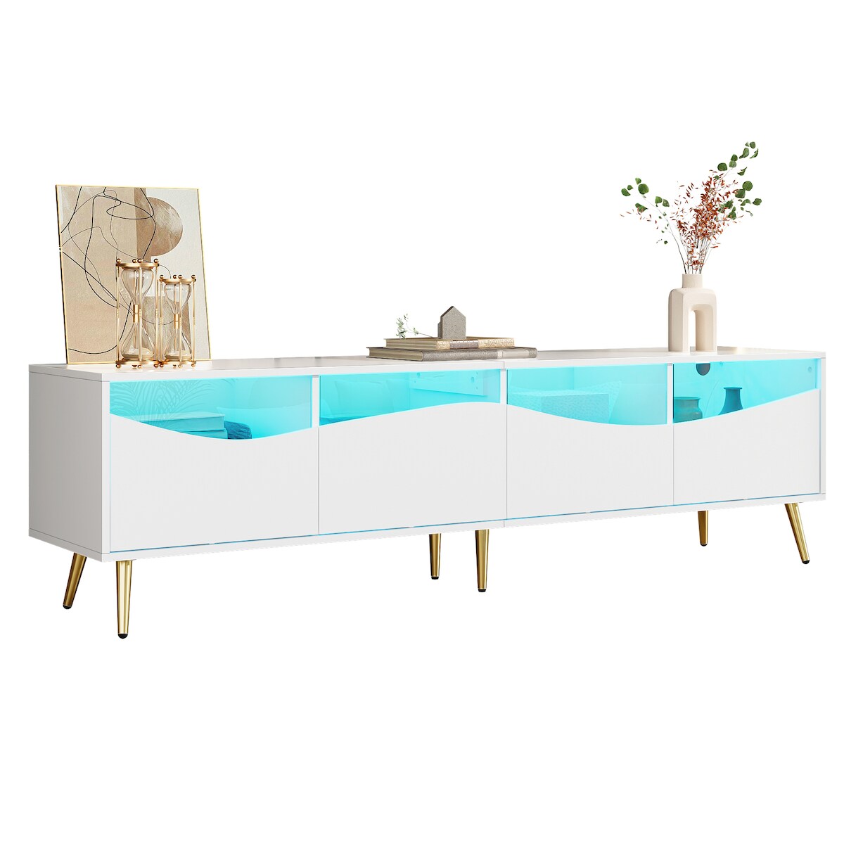 OKWISH Lowboard TV Schrank mit LED Beleuchtung, Stauraum TV Tisch Glasfront, Wohnzimmer Lowboard 180x40x50 cm Weiß Image