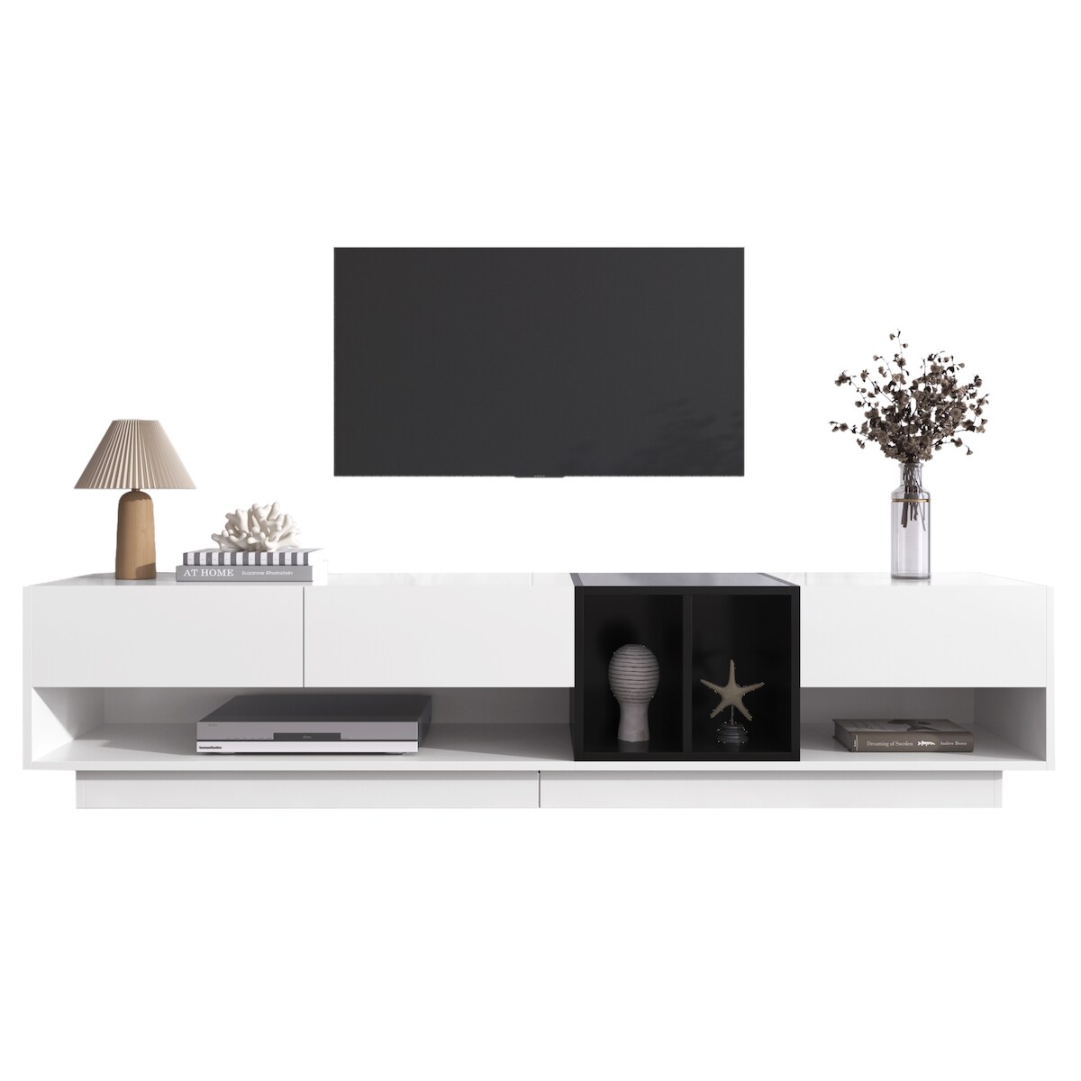 OKWISH TV-Schrank 190x40x42cm Hochglanz Schwarz Weiß, Fernsehtisch mit 3 Schubladen und 2 offenen Fächern, Modernes Wohnzimmermöbel mit viel Stauraum Image