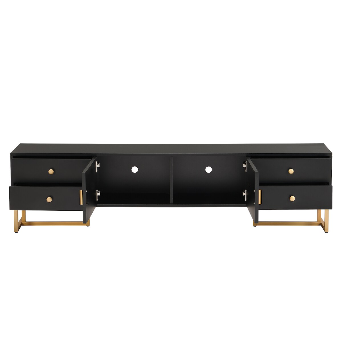 OKWISH TV-Schrank 175x30x46 cm Schwarz mit Schubladen und Türen Wohnzimmer Aufbewahrung modernes Design elegante Eisenfüße robust praktisch Image