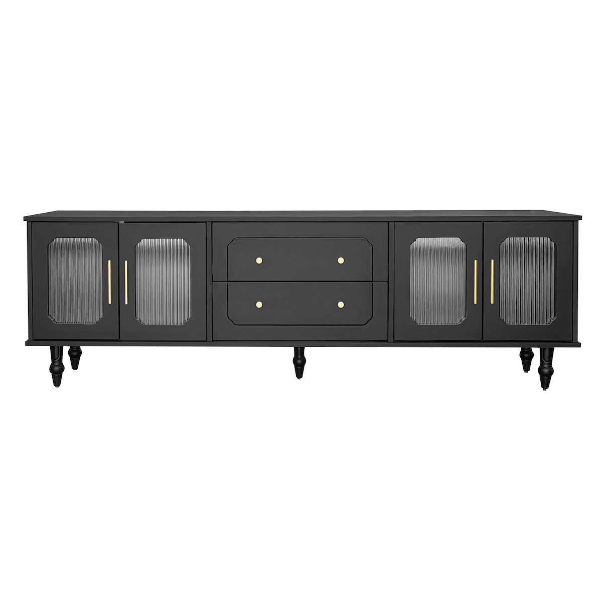 OKWISH TV-Schrank 177x38x55cm Schwarz mit 4 geriffelten Glastüren und Push-to-Open-Schubladen moderner Fernsehtisch mit Stauraum Metallfüße Wohnzimmer Möbel Image