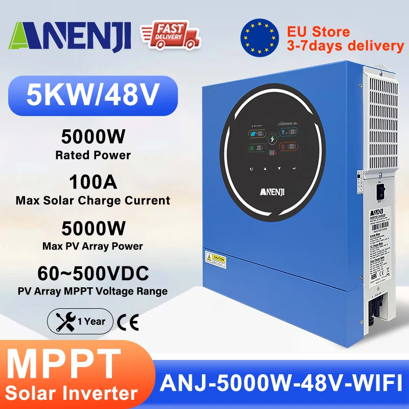 ANENJI 5KW 48V onduleur solaire 230V onde sinusoïdale Pure hors/sur on onduleur de réseau PV 500VDC MPPT chargeur solaire double sortie onduleur solaire