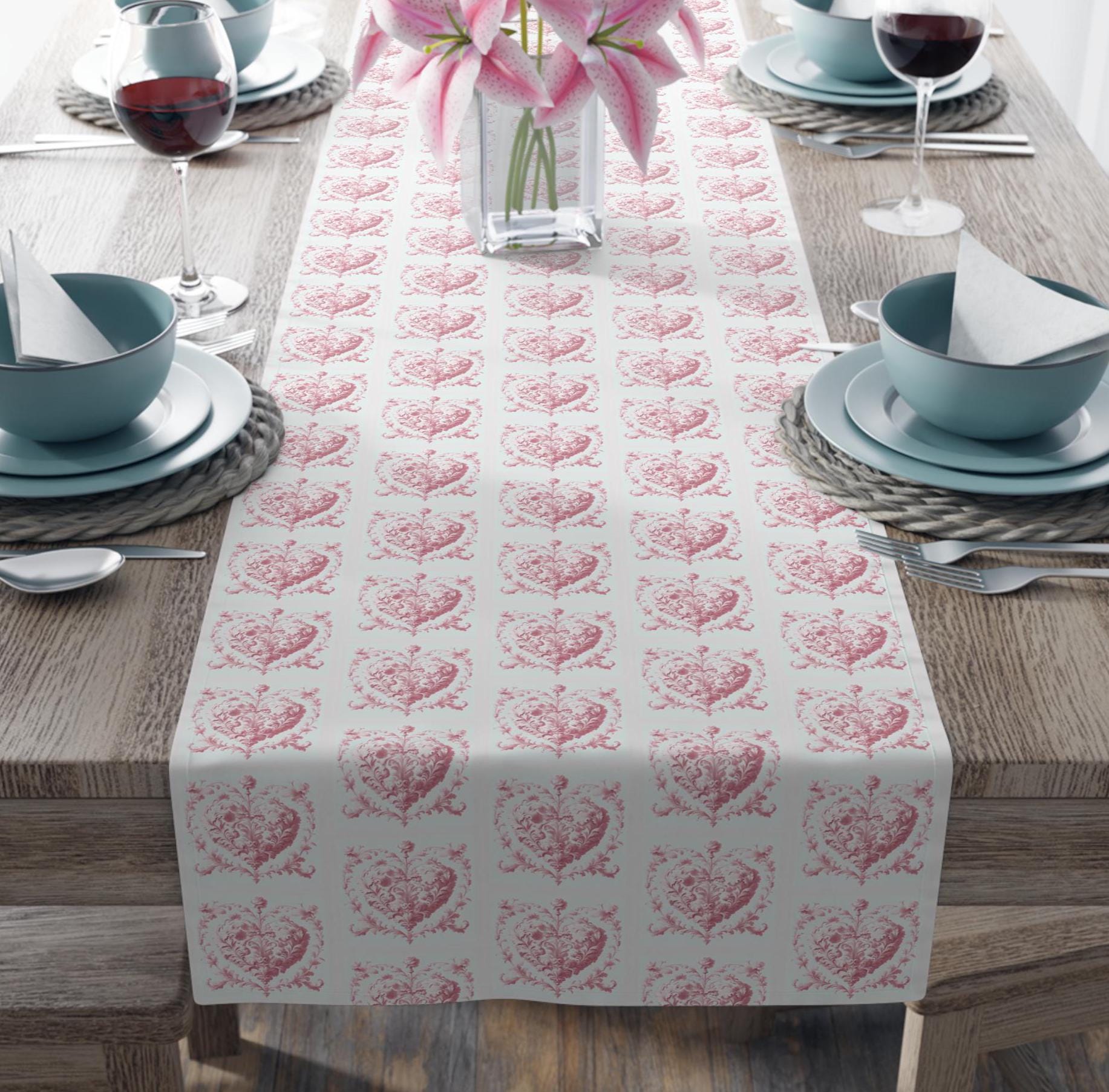 Runner da tavolo per San Valentino Runner da tavolo rosa Toile Runner da tavolo a forma di cuore per San Valentino Decorazione per sala da pranzo rosa