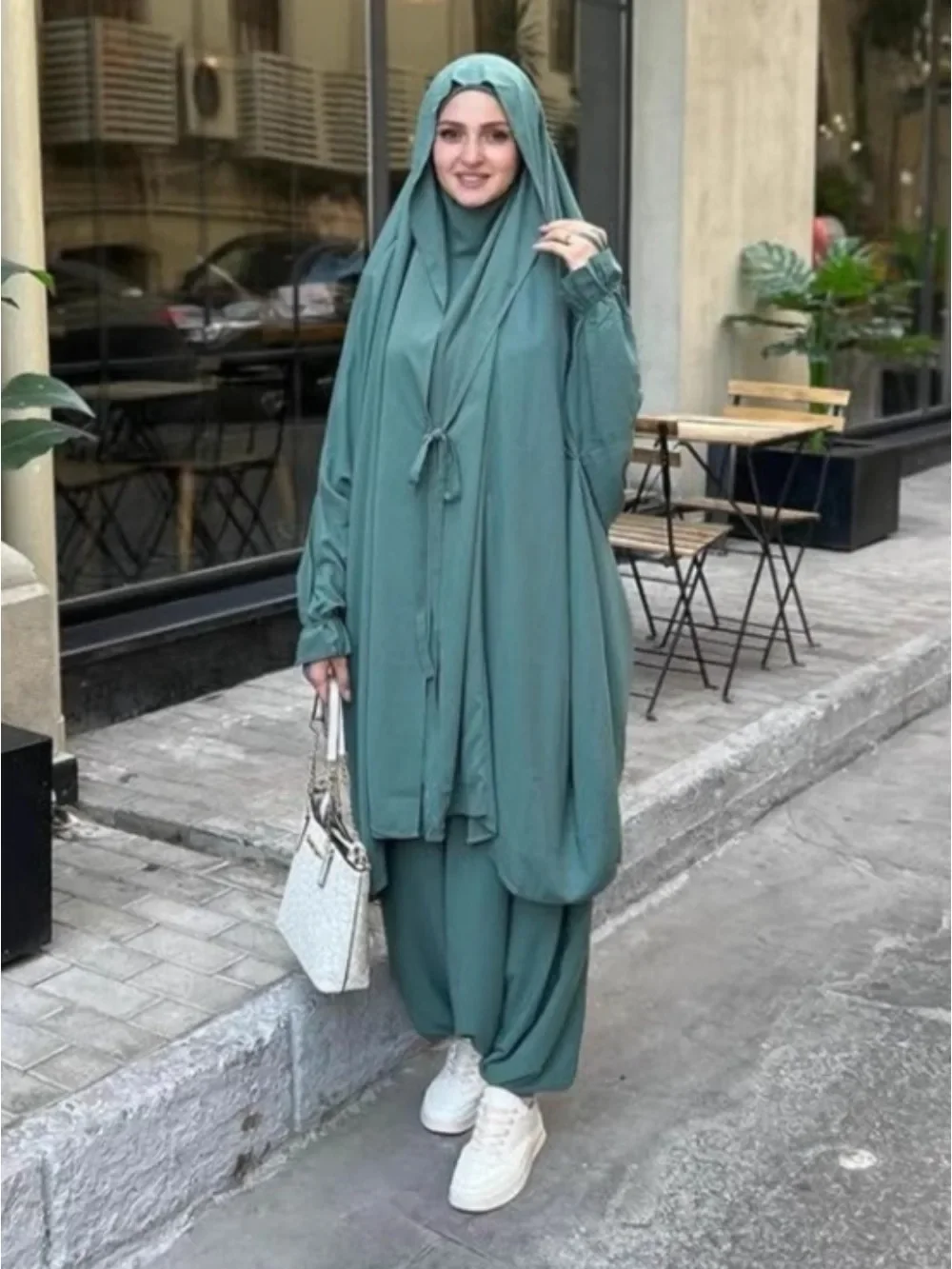 Eid Muslim Lange Khimar Top Hose 2-teiliges Set Damen Abaya Gebetskleidung Vollständige Abdeckung Ramadan Kaftan Djellaba Musulman Ensembles Image