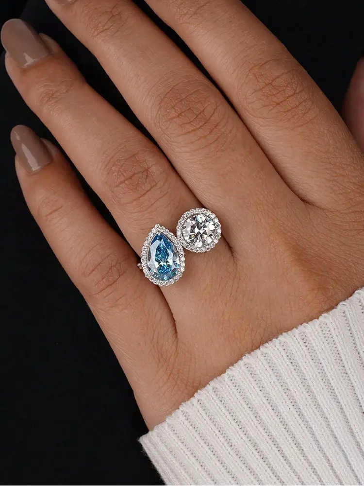 Ring aus 925er-Sterlingsilber, schlicht, meerblaue Birne, runder Zirkon, für Damen, Verlobung, Hochzeit, luxuriös, hochwertiger edler Schmuck Image