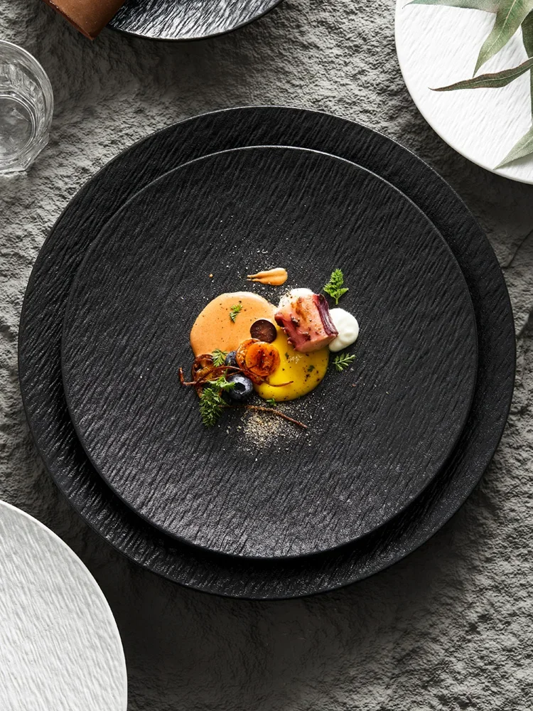 Hochwertiger schwarzer Nudelteller aus Keramik, Geschirr für den Heimgebrauch, Steak-Teller, neuer leichter Luxus-Teller, eleganter flacher Speiseteller Image