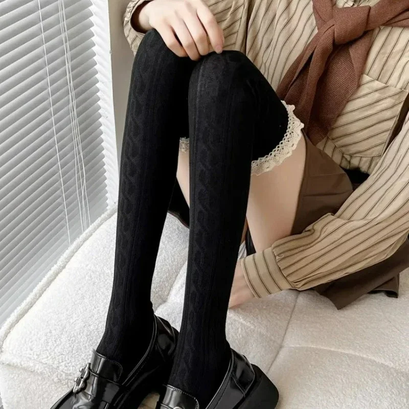 Lolita Lace Up Long Knee Socks for Women Over Knee Thigh High Stockings Spring Autumn Fashion Woman Warm Sexy Cotton JK Tights