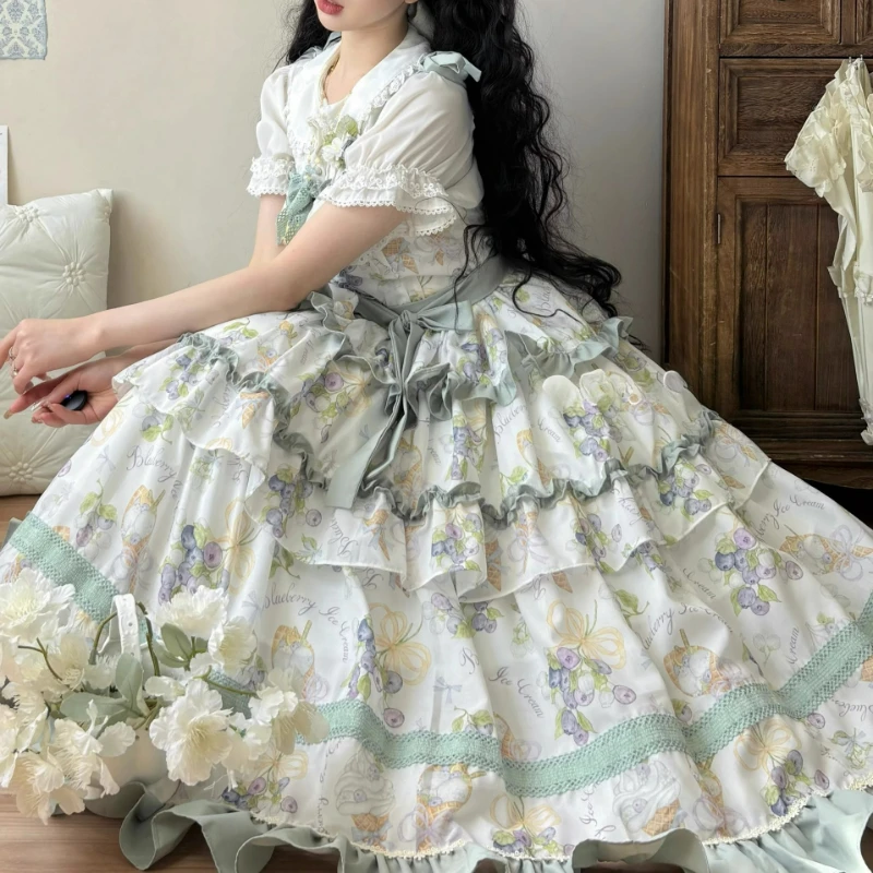 Kawaii süße Traubenmuster Rüschen Schleife Prinzessin Kleider Vintage Abend Party Kleid viktorianischen süßen eleganten Lolita JSK Kleid Frauen Image