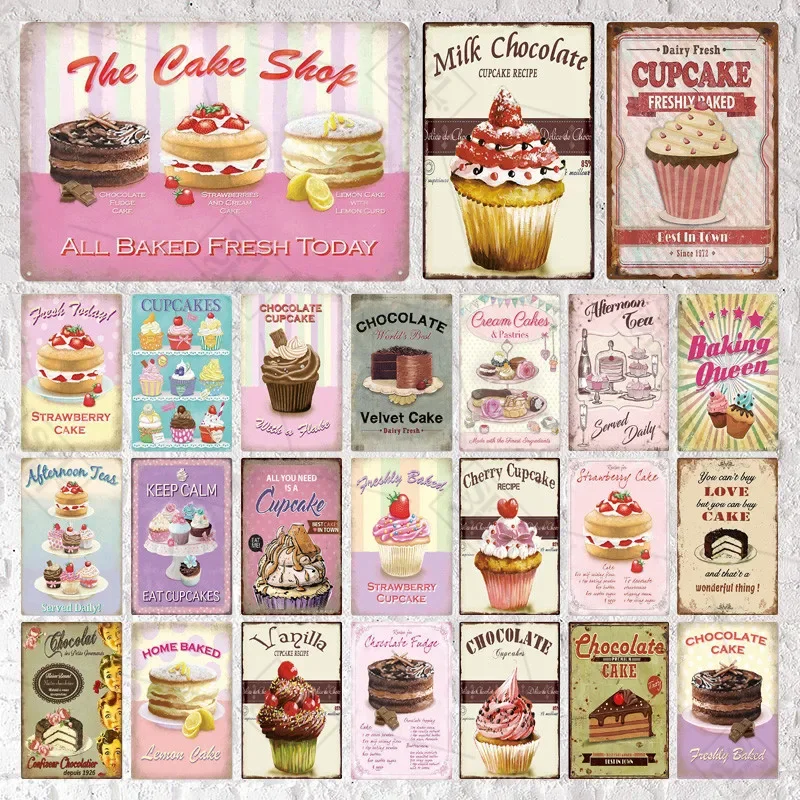 Schokolade Kuchen Vintage Metall Zeichen Rosa Metall Poster Weißblech Dessert Shop Restaurant Retro Wand Aufkleber Plaque Home Decorati Image