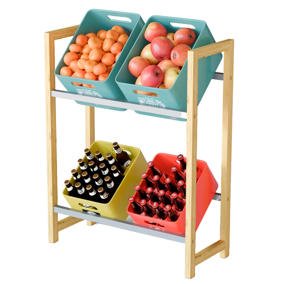 Björn&Schiller Getränkekistenregal – Regal für 4 Kisten, 71x30x90 cm, rutschfest, bis 80 kg belastbar, Bambus & Eisen, einfache Montage Image