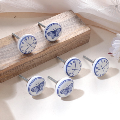 'Whimsical Butterfly and Clock 6-Piece White Ceramic Knob Set'