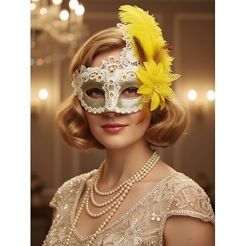 Masque de bal masqué en dentelle et plumes pour femme - élégant masque vintage orné d'une fleur jaune et de perles, idéal pour un bal masqué, un bal de fin d'année ou une soirée costumée.