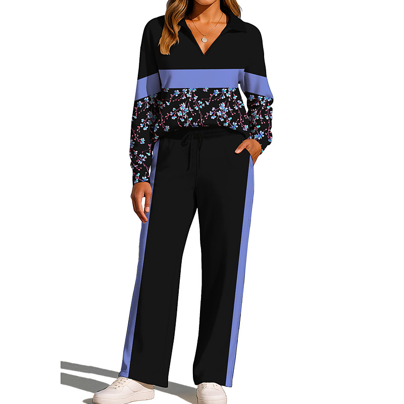 Women's Sweatshirt Tracksuit Sweatpants Drawstring Pocket Floral Jacket and Sweatpants Athletic Clothing Set Loungewear Summer Spring Fall Winter Blue / Black Violet Gym Workout Casual Workout