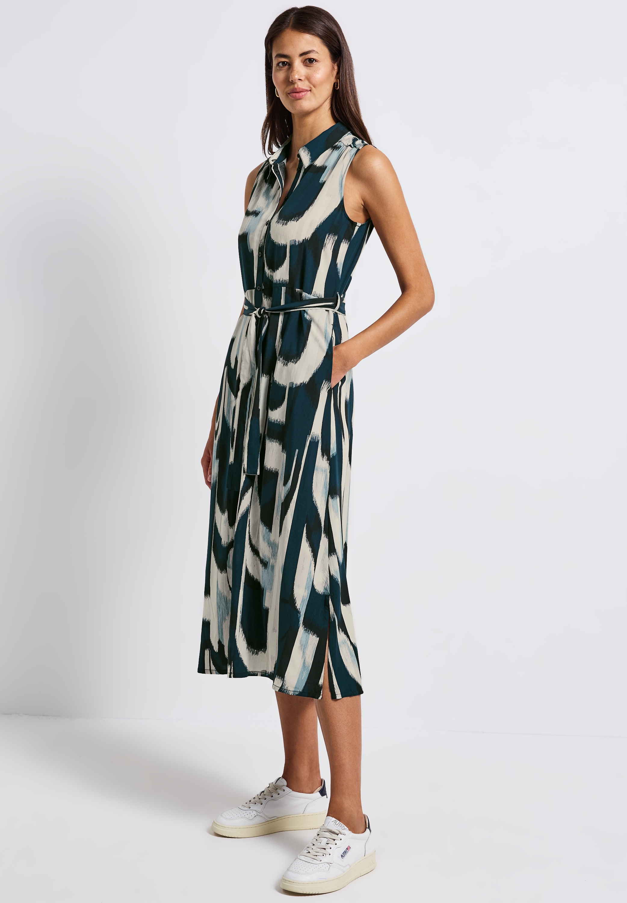 Midikleid STREET ONE, Damen, Gr. 36, EURO-Größen, blau (tide blau), Stoff, 100% Viskose, bedruckt, normal wadenlang, V-Ausschnitt, abgesteppt, Kleider Midikleid, mit allover Print