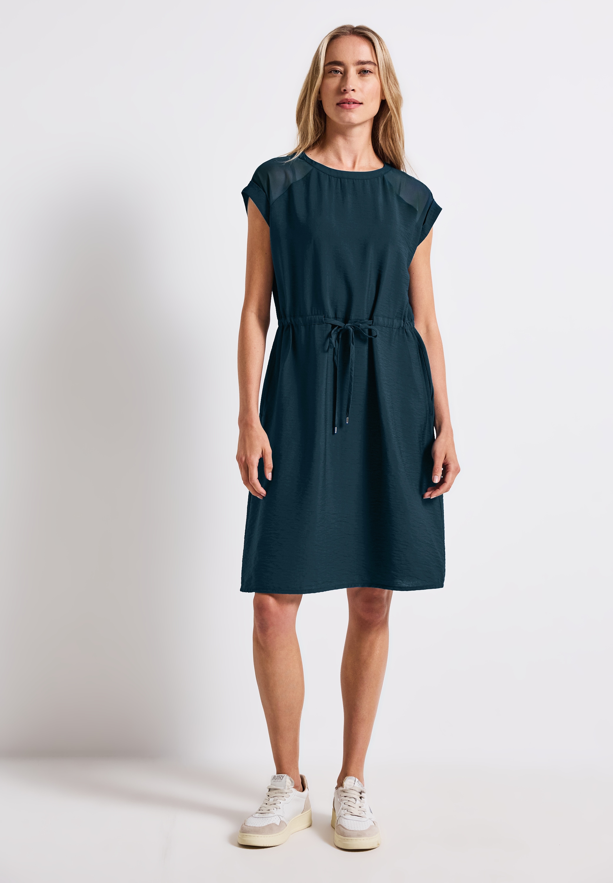 Sommerkleid STREET ONE, Damen, Gr. 42, EURO-Größen, blau (tide blau), Stoff, 88% Viskose, 12% Polyamid, unifarben, normal knielang, Rundhals, abgesteppt, Kleider Sommerkleid, in Unifarbe