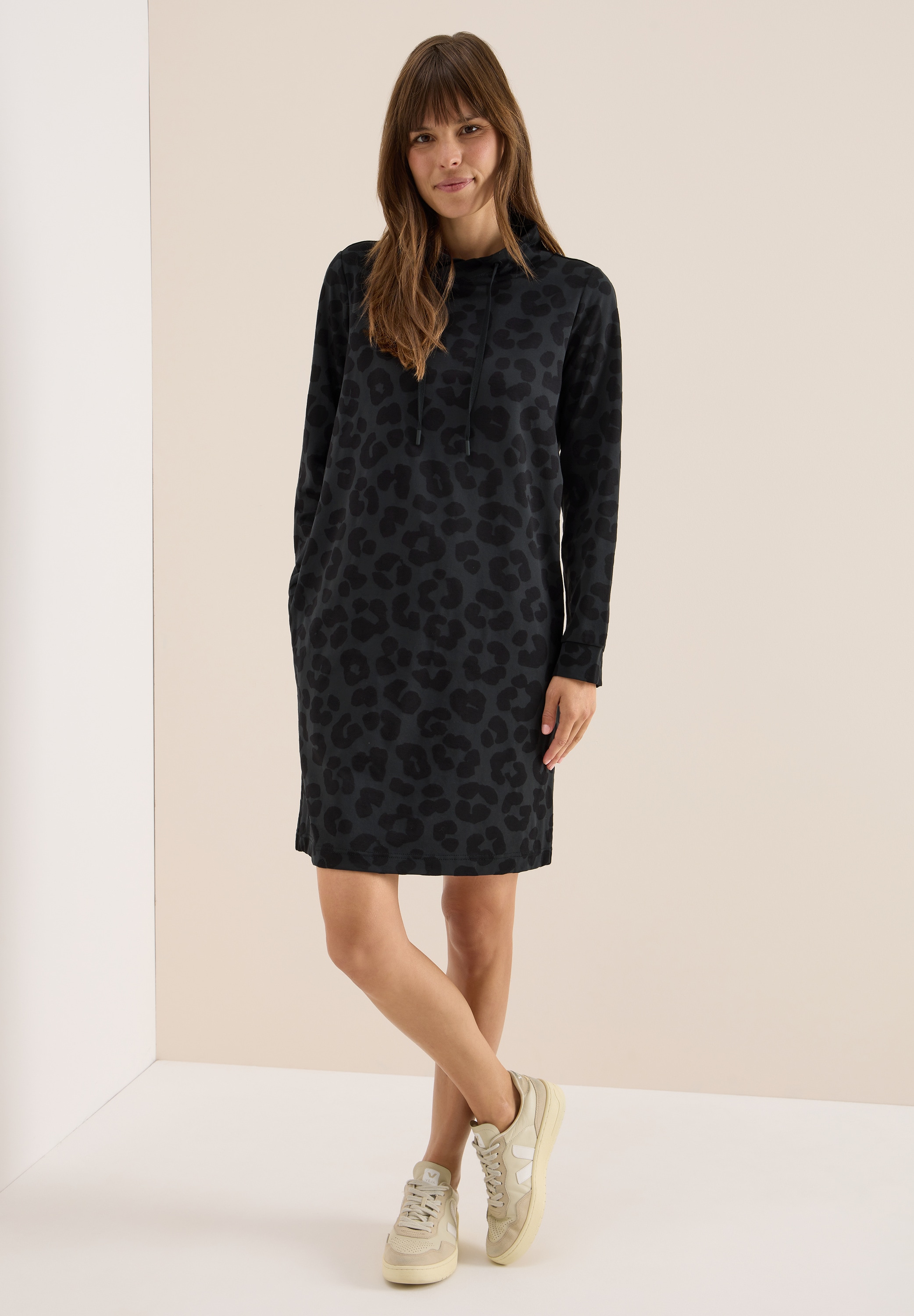 Midikleid CECIL, Damen, Gr. M40, US-Größen, schwarz, Stoff, 50% Polyester, 50% Viskose, animal-print, normal knieumspielend, hoch geschlossener Ausschnitt, abgesteppt, Kleider Midikleid, mit Stehkragen