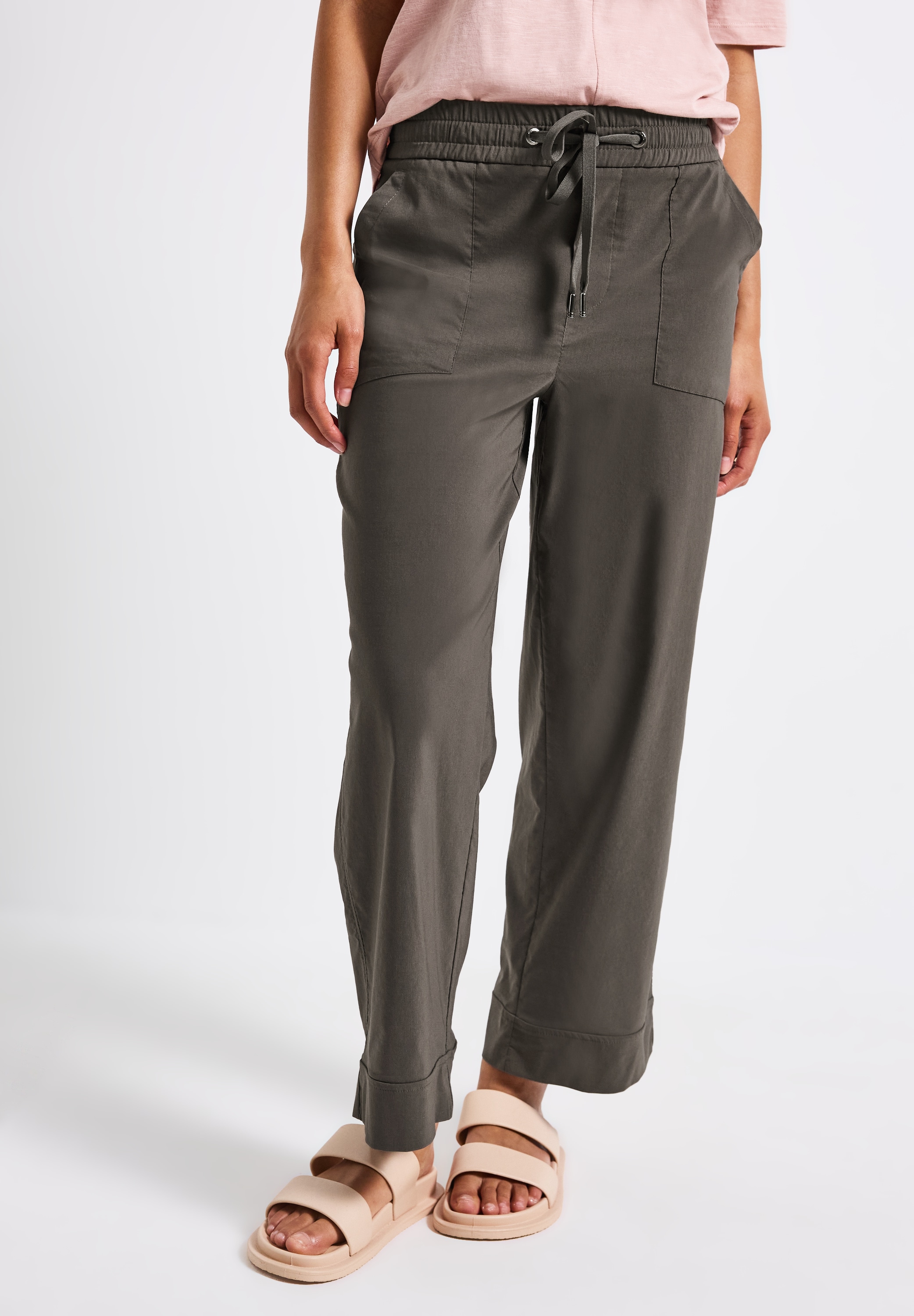 Bermudas STREET ONE, Damen, Gr. 42, Länge 28, braun (nomad braun), Web, 66% Baumwolle, 30% Polyester, 4% Elasthan, unifarben, comfort fit normal, Hosen Bermudas, High Waist