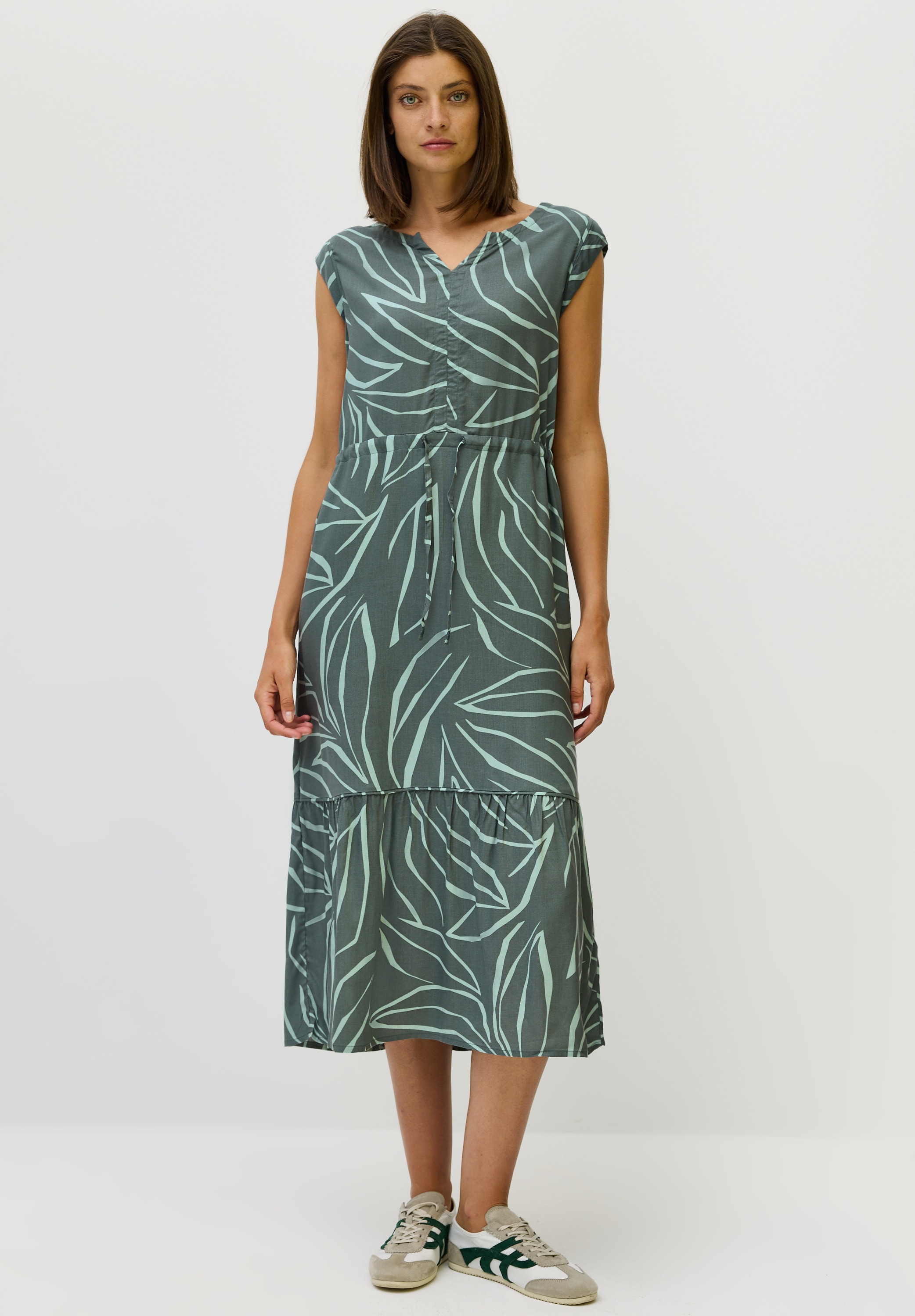 Midikleid CECIL, Damen, Gr. XL (44), US-Größen, grün (schwarz balmy khaki), Stoff, 100% Viskose, bedruckt, normal wadenlang, Rundhals, Bündchen, Kleider Midikleid, aus Viskose