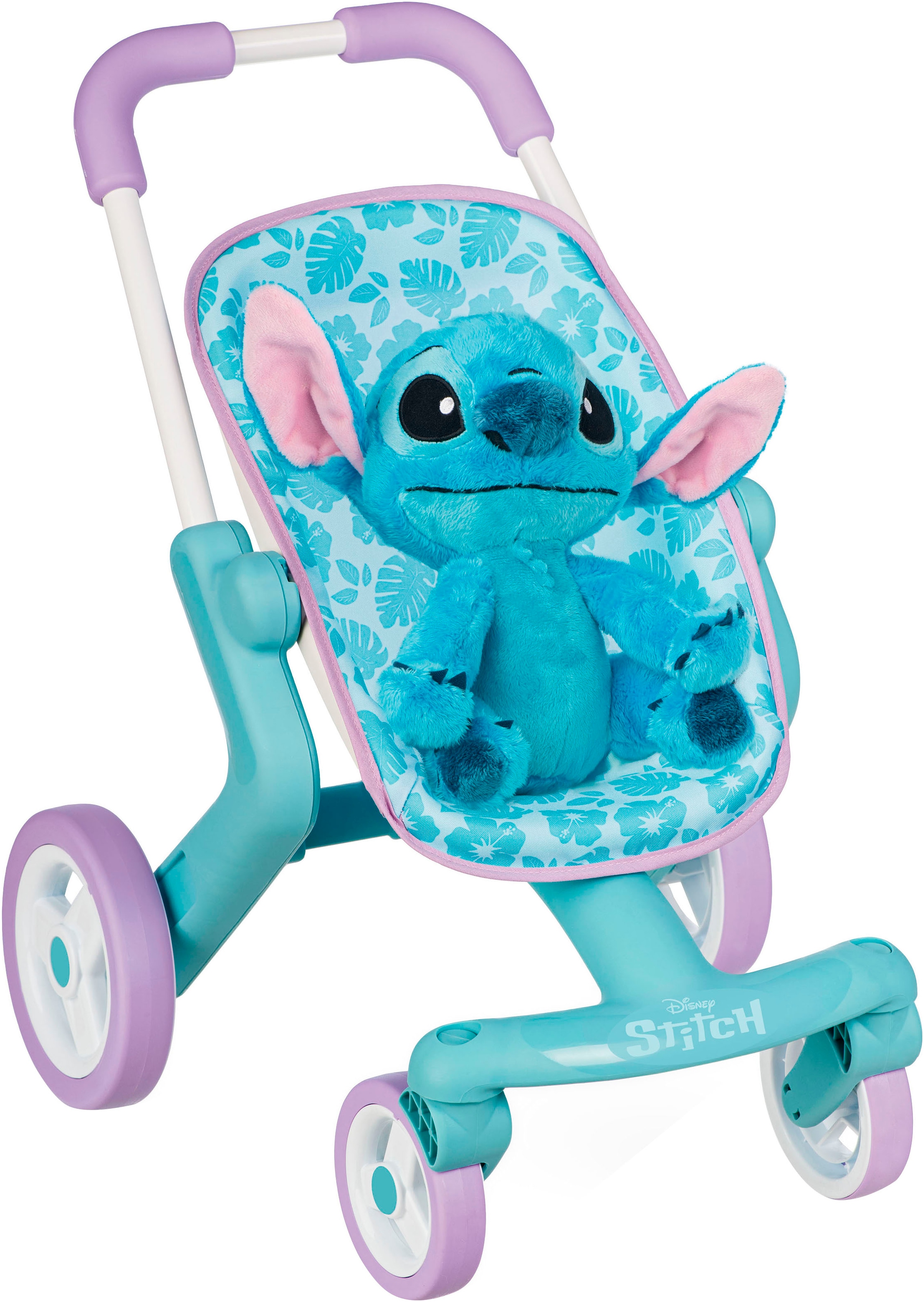 Puppenbuggy SMOBY "Stitch Puppenwagen + Plüsch, 25cm", blau, Puppenwagen, KinderB:38cm H:53cm T:50cm, Kunststoff, Made in Europe, B:38cm H:53cm T:50cm