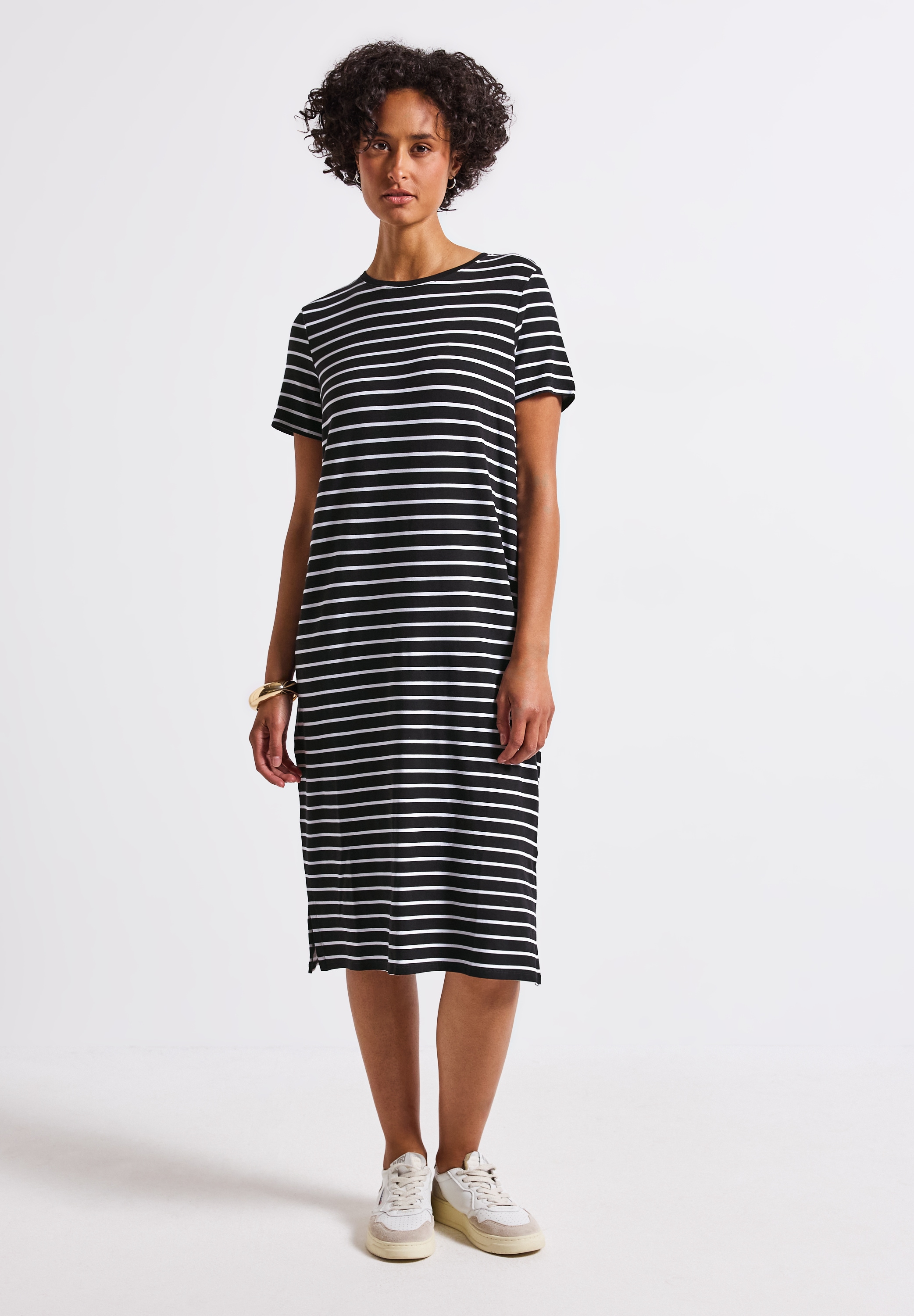 Midikleid STREET ONE, Damen, Gr. 34, EURO-Größen, schwarz, Stoff, 95% Viskose, 5% Elasthan, gestreift, normal knieumspielend, Rundhals, Bündchen, Kleider Midikleid, soft und trageangenehm