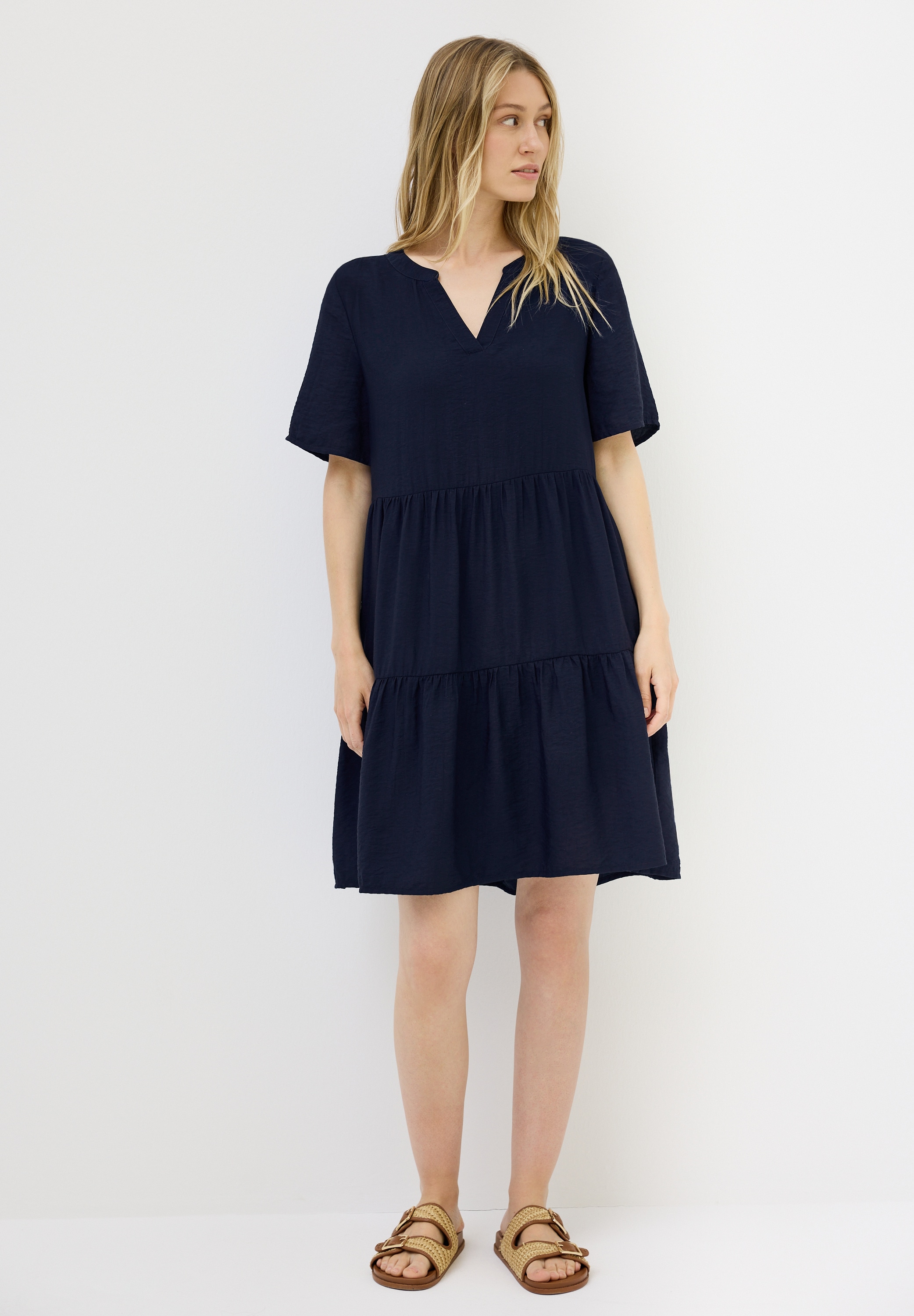 Sommerkleid CECIL, Damen, Gr. XS (36), US-Größen, blau (urban navy blau), Stoff, 95% Viskose, 5% Nylon, unifarben, normal knieumspielend, V-Ausschnitt, angesetztes Bündchen, Kleider Sommerkleid, in Unifarbe