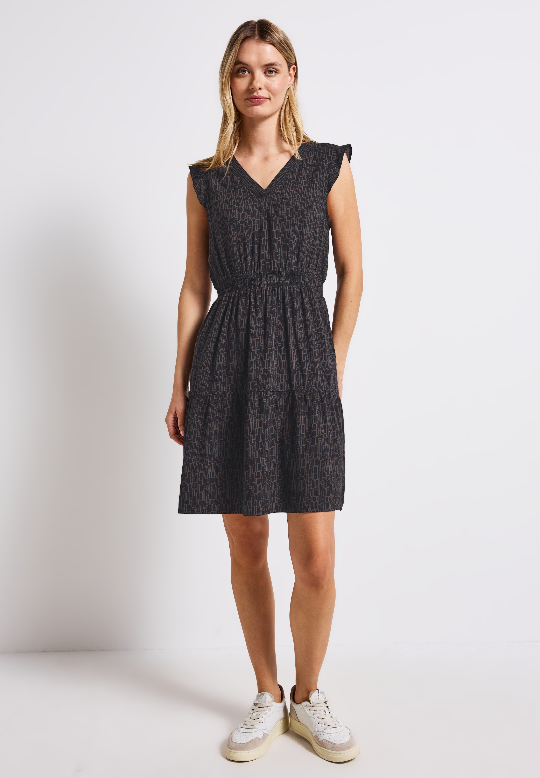 Tunikakleid STREET ONE, Damen, Gr. 44, EURO-Größen, blau (deepwater blau), Stoff, 100% Viskose, bedruckt, normal knielang, V-Ausschnitt, Volant, Kleider, aus Viskose