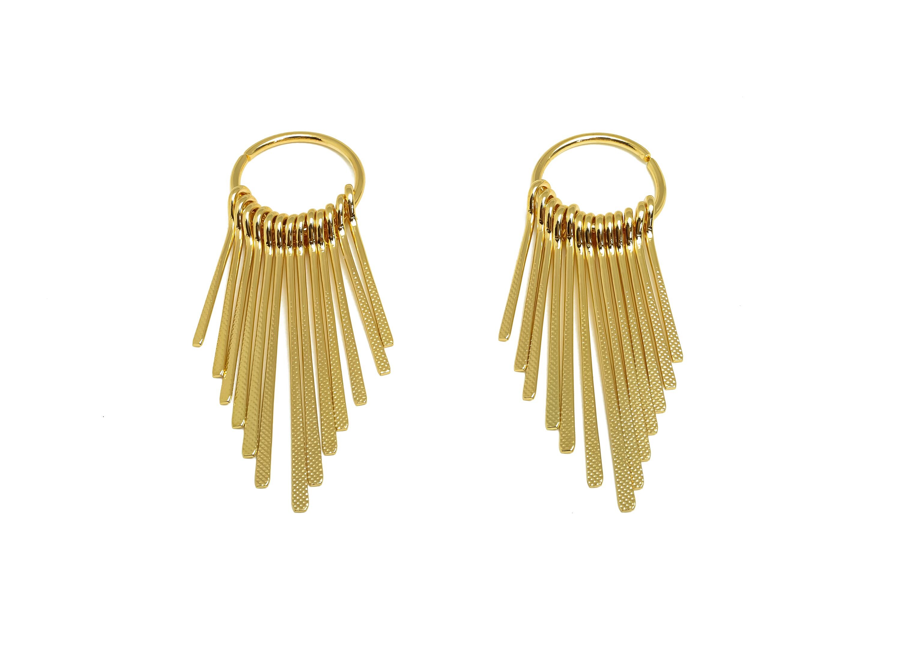 Ciondolo per orecchini con nappina in ottone - Ciondolo pendente con nappina in ottone - Ciondolo martellato - Placcato oro vero 18 carati - 63x19,84