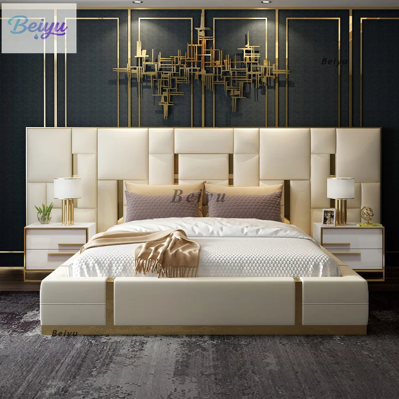 Leichtes, luxuriöses Queensize-Bett aus Leder mit Bildschirm, modernes, einfaches King-Size-Doppelbett, italienisches Leder-Hochzeitsbett, nordisches Hauptschlafzimmer, weich Image