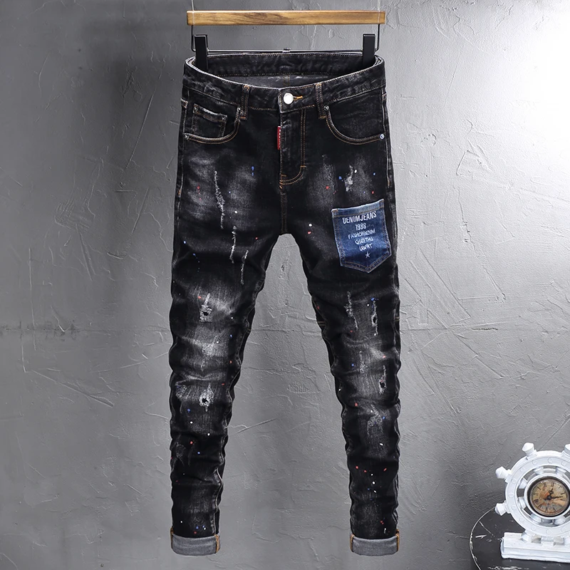 Straße Designer Mode Männer Jeans Retro Schwarz Grau Stretch Slim Fit Gemalt Zerrissene Jeans Männer Hip Hop Y2K Vintage Denim Hosen