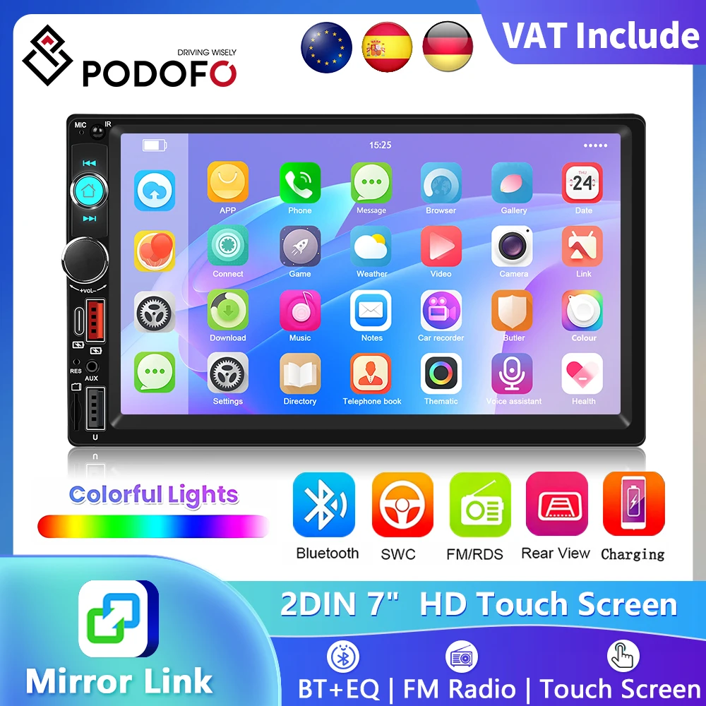 Podofo 2Din Autoradio Autoradio 7 "Touch Screen Lettore multimediale per auto Bluetooth FM TF Car Stereo Mirror-Link Telecamera per retrovisione