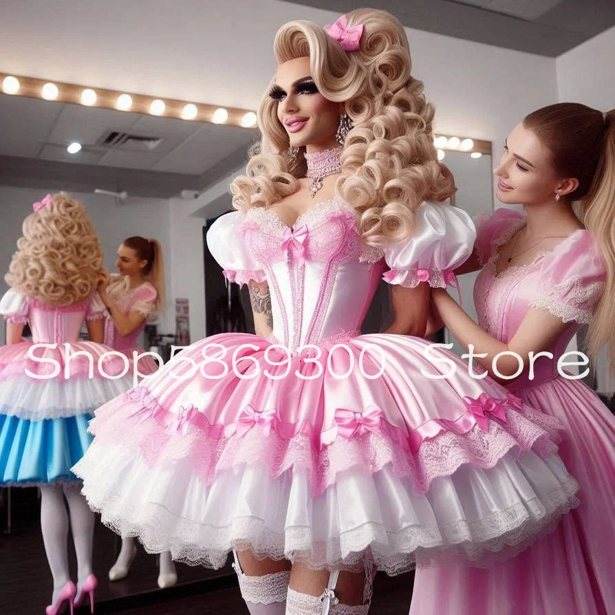 Schöne rosa viktorianische kurze Abschlussball-Party-Kleider, bauschiger Rock, Korsett-Top, Lolita, Rokoko, Belle, Cosplay, Abendkleid, maßgeschneidert