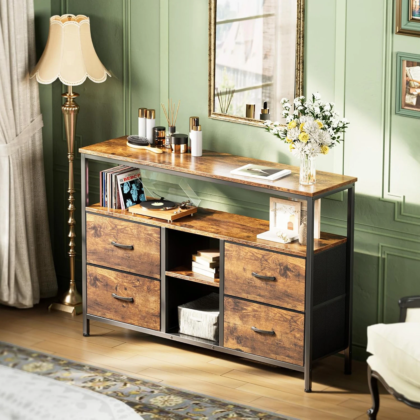 TV-Schrank,Eisenrahmentisch mit LED-Beleuchtung,Wohnzimmer-TV-Aufbewahrungsschrank mit Schubladen,Retro-Schranktisch Image