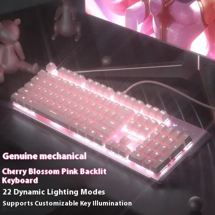 Honte Snow Moon Girl Rosa mechanische Tastatur mit 104 kabelgebundenen Tasten, blaue Achse, rote Achse, E-Sportspiele, süße Mädchen, geeignete Tastatur Image