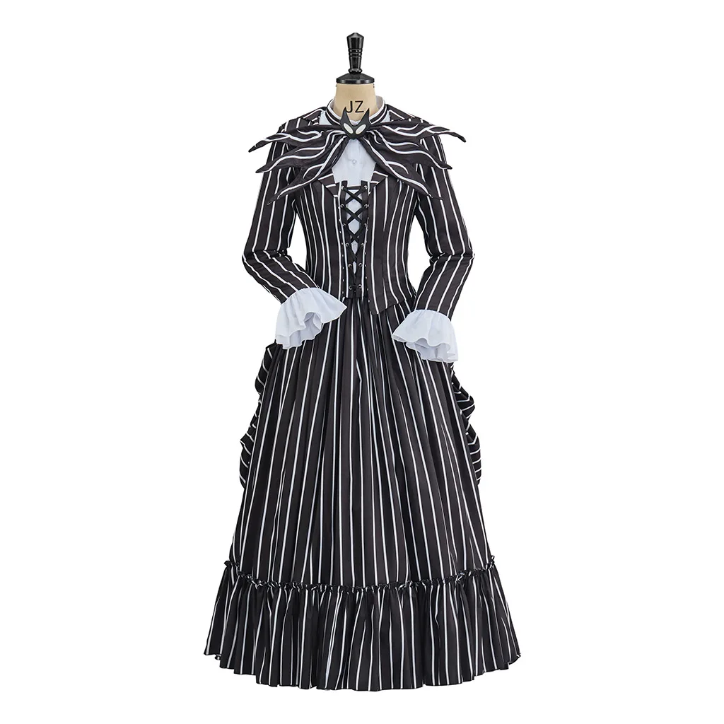 Viktorianisches Edwardianisches Walking-Kostüm für Damen, Gothic, Steampunk, gestreift, Rokoko-Bustle-Kleid, Halloween, Skellington-Verkleidung, Ballkleid Image