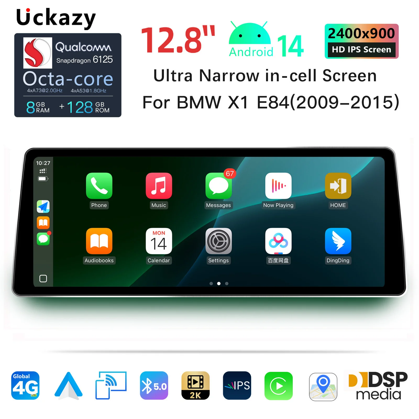 Uckazy 12,8" 2400*900 Android 14 Snapdragon 665 Android Auto GPS Stereo für BMW X1 E84 2009-2015 4G WiFi DSP Multimedia Image