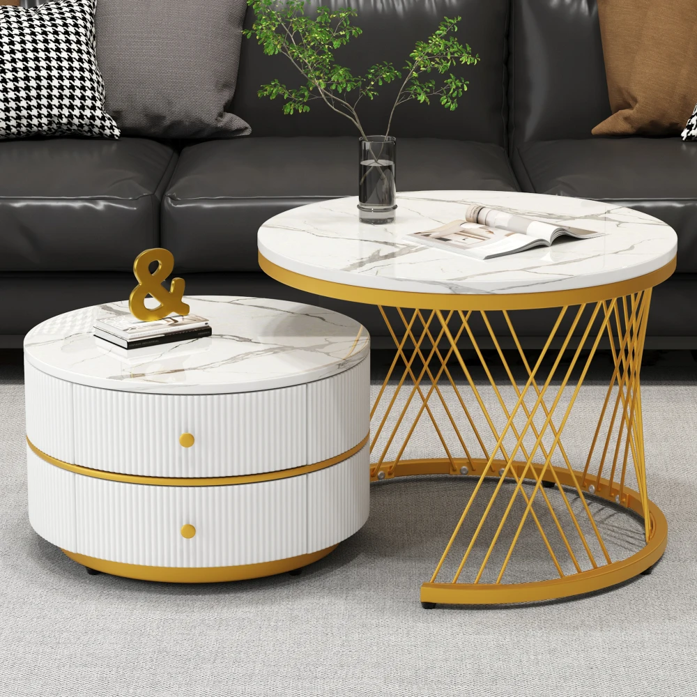 Elegantes 2-teiliges Couchtisch-Set in Nesterform, runde Tische mit Hochglanz, 2 Schubladen, ineinander steckbarer Couchtisch Image