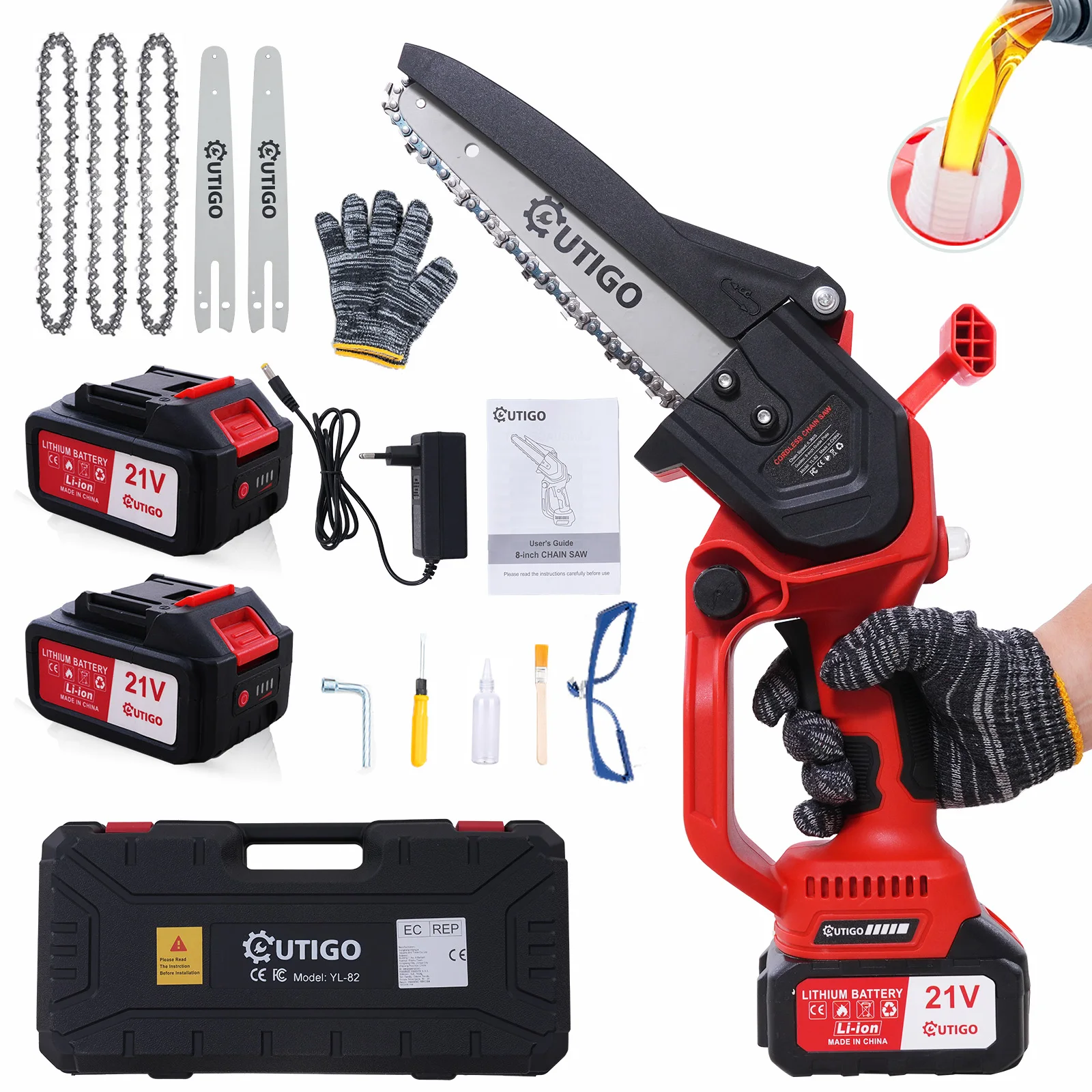 8-Zoll-Akku-Kettensäge, OUTIGO 1000 W Akku-Kettensäge 2 * 21 V-Batterien, leistungsstarkes Gartengerät zum Schneiden von Holzzweigen Image