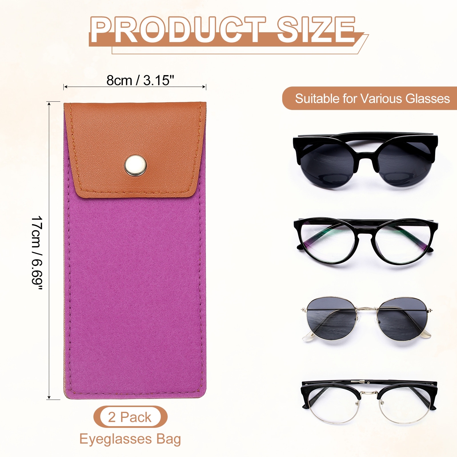 Portable Felt Glasses Case, Soft Slip-in Pouch Case, Snap Style Eyeglasses Bag Sunglasses Storage Pouch for Men - 6.69 inch