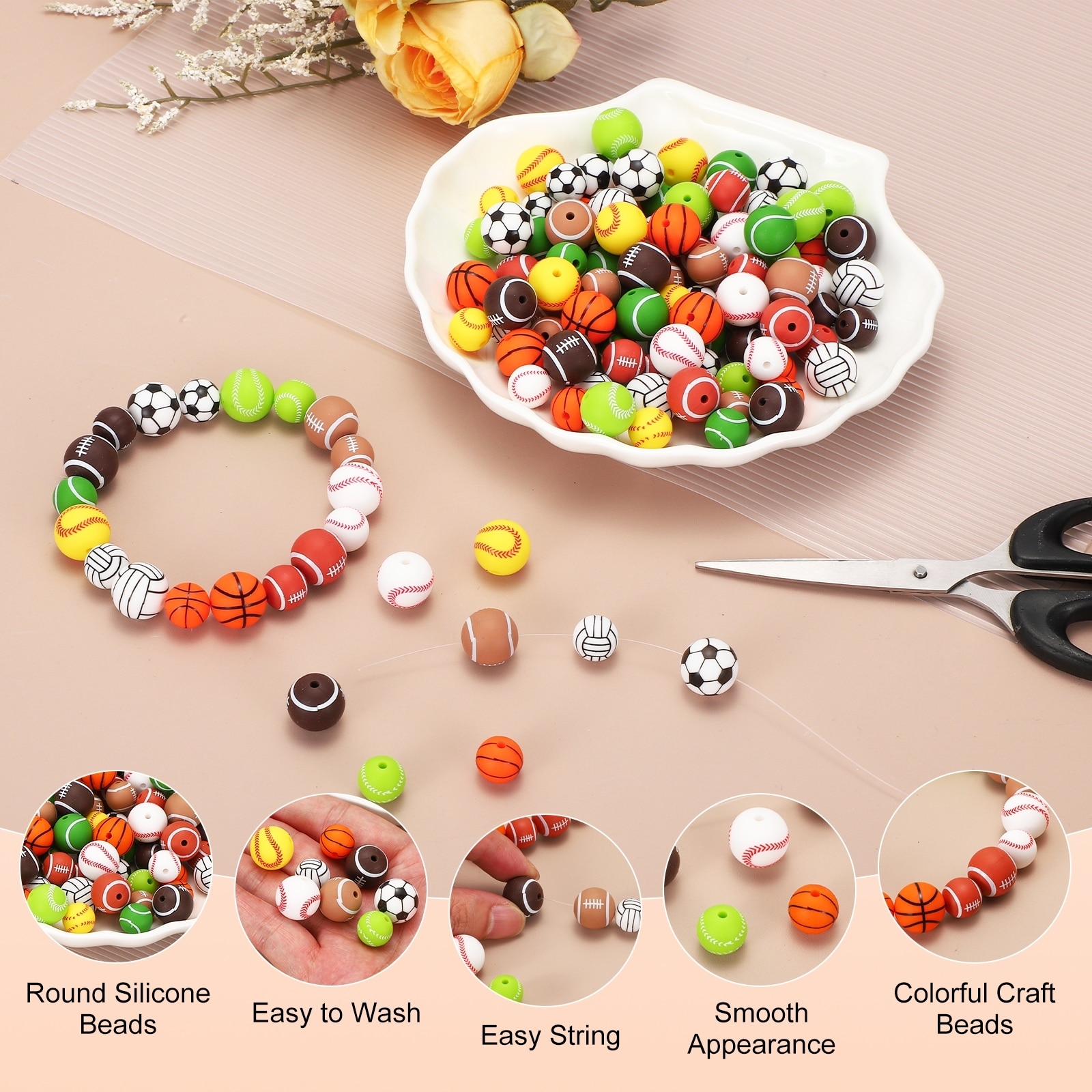 Sports Ball Beads Round Loose Rubber Rugby Silicone Craft Smooth Sports Ball Small Hole for DIY Crafts/Bracelet
