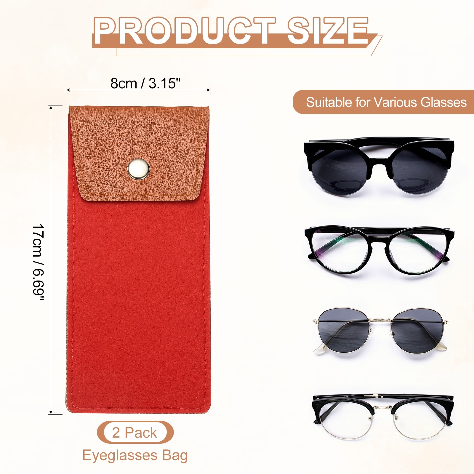 Portable Felt Glasses Case, Soft Slip-in Pouch Case, Snap Style Eyeglasses Bag Sunglasses Storage Pouch for Men - 6.69 inch