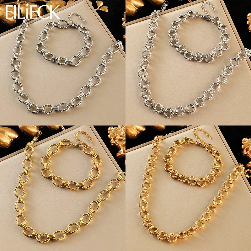 EILIECK Set di bracciali con collana a catena a maglie in metallo in acciaio inossidabile 316L per le donne Gioielli impermeabili placcati in oro punk 18 carati