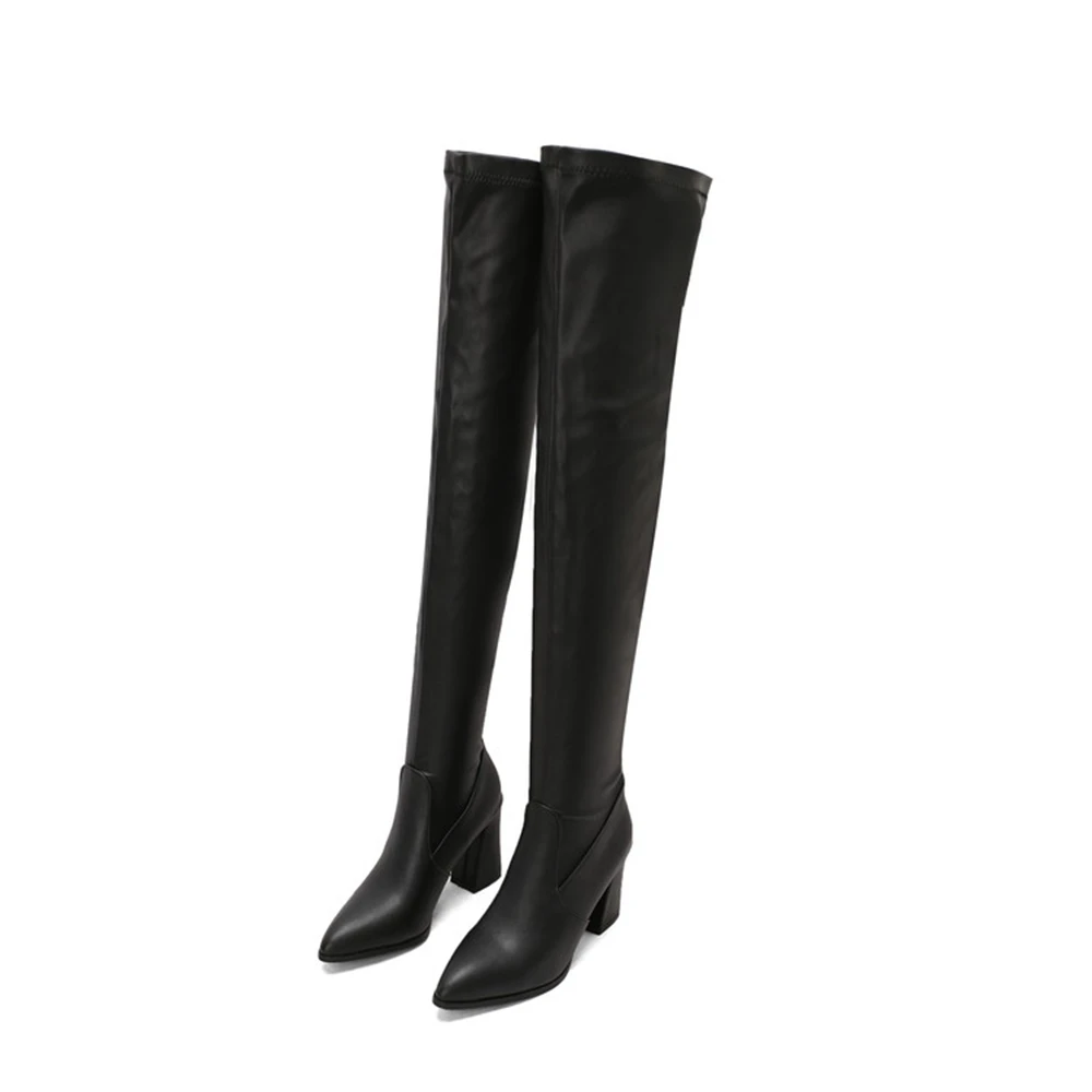 Extreme große Größe 48, 49, 50, spitze Zehen, sexy Overknee-Stiefel, Plattform, dicke High Heels, Damen-Stretch-Oberschenkelhohe Stiefel, Größe 30–17