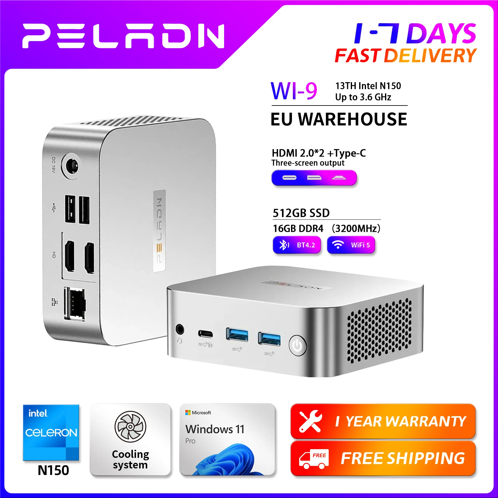 2025 Neuer PELADN WI-9 Mini-PC (Ultra-kompakte Größe) Twin Lake N150 Mini-Computer 16 GB DDR4 512 GB Dual SSD Typ-C Dual HDMI RJ45 LAN WiFi5 Bluetooth 4.2 4K Triple Display Tragbarer PC Windows 11 Image
