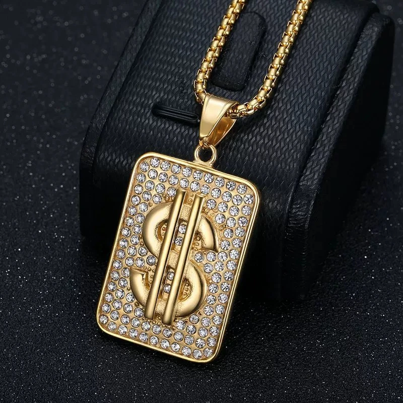 Hip Hop Iced Out Bling Geld Dollar Zeichen Anhänger Männlich Gold Farbe Edelstahl Große Halskette Für Männer Hiphop Rapper Schmuck Geschenk