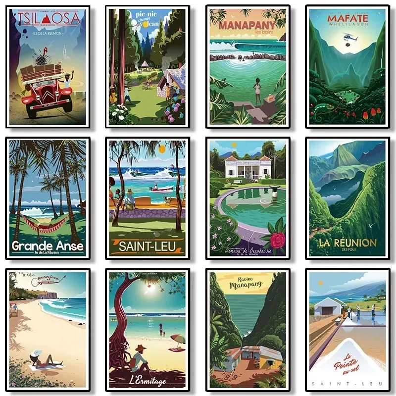 Leinwandgemälde Französische Reunion Insel Urlaub Vintage Reise Poster Drucken s Stadt für Wohnzimmer Home Decor Wandkunst Bild Image