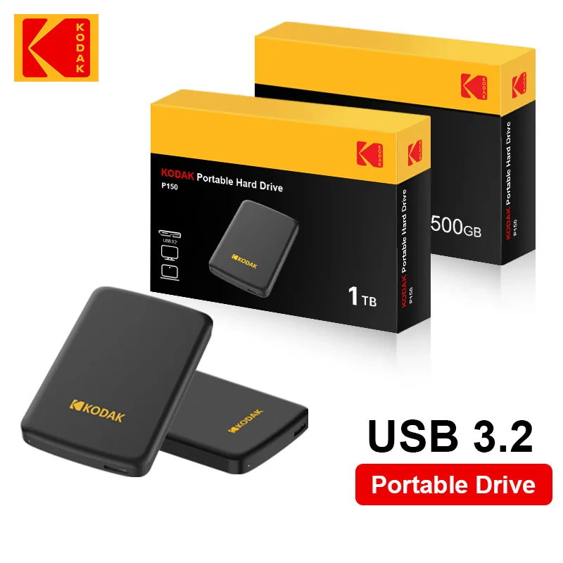 Kodak P150 2,5-Zoll tragbare externe Festplatte – Hochgeschwindigkeitsspeicher 1 TB/500 GB. Lesen Sie bis zu 450 MB/s für Laptop, Desktop, PS4, PS5 Image
