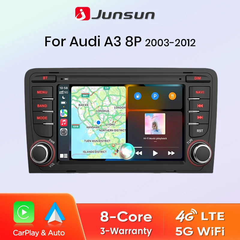 Junsun 7 '' Wireless CarPlay Android Auto Autoradio Multimediale Per Audi A3 8P S3 2003-2012 4G WiFi GPS Navigazione Autoradio