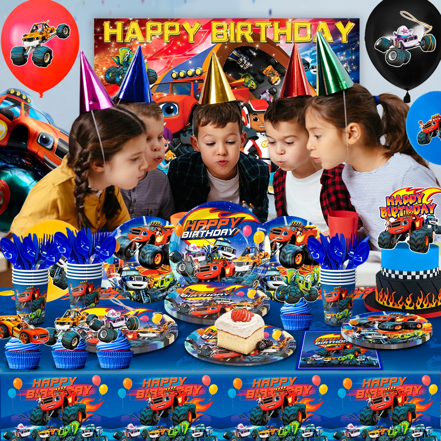 Monster Truck Partyzubehör, 47 Stück Monster Trucks Dekorationen – Ballon-Tischdecke, Serviettenplatte usw. Monster Machines Supplies Image