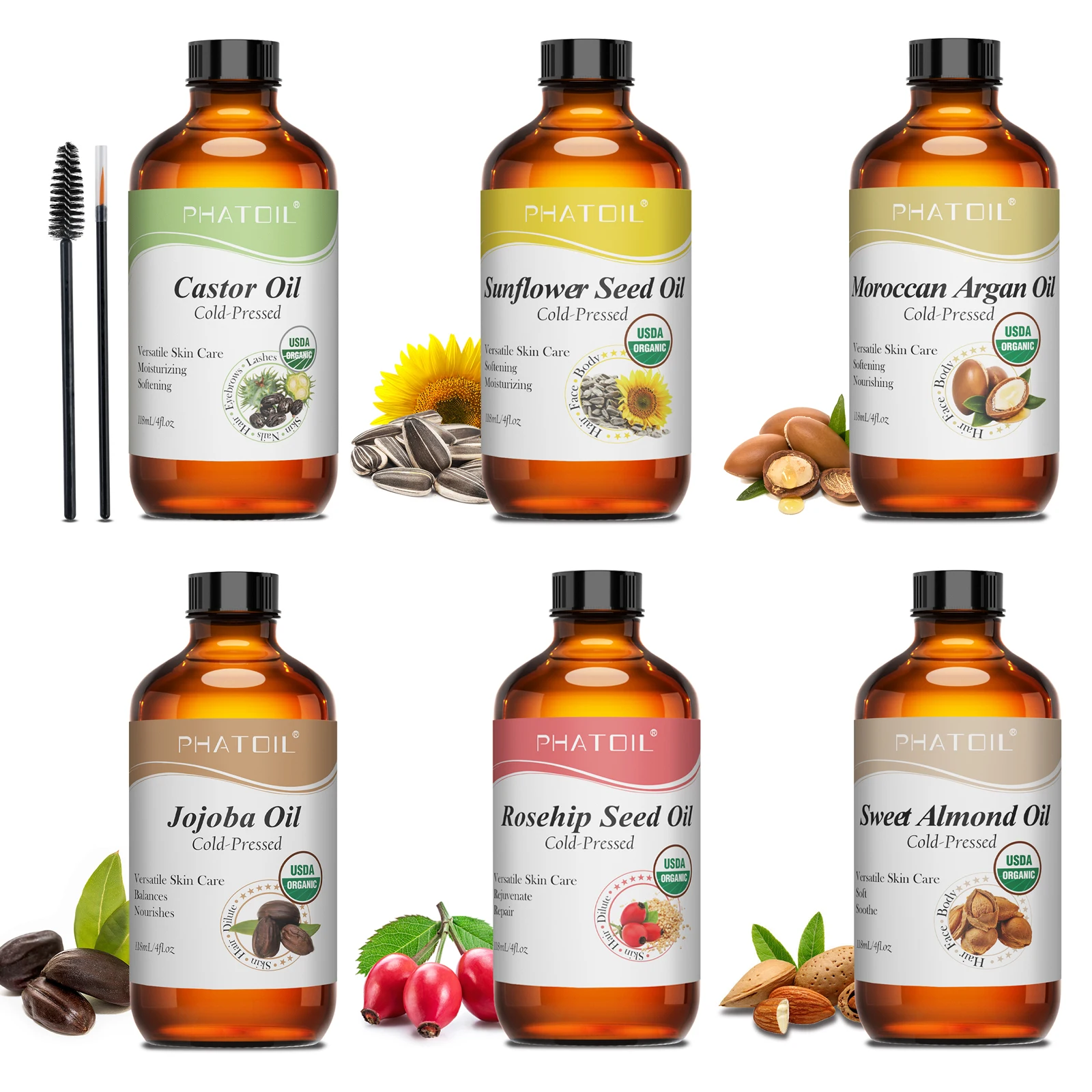 PHATOIL 118ml huile pour le visage organique huiles de transporteur USDA pressées à froid naturelles-huile de ricin, jojoba, huile d'argan marocaine, huile de graines de rose musquée