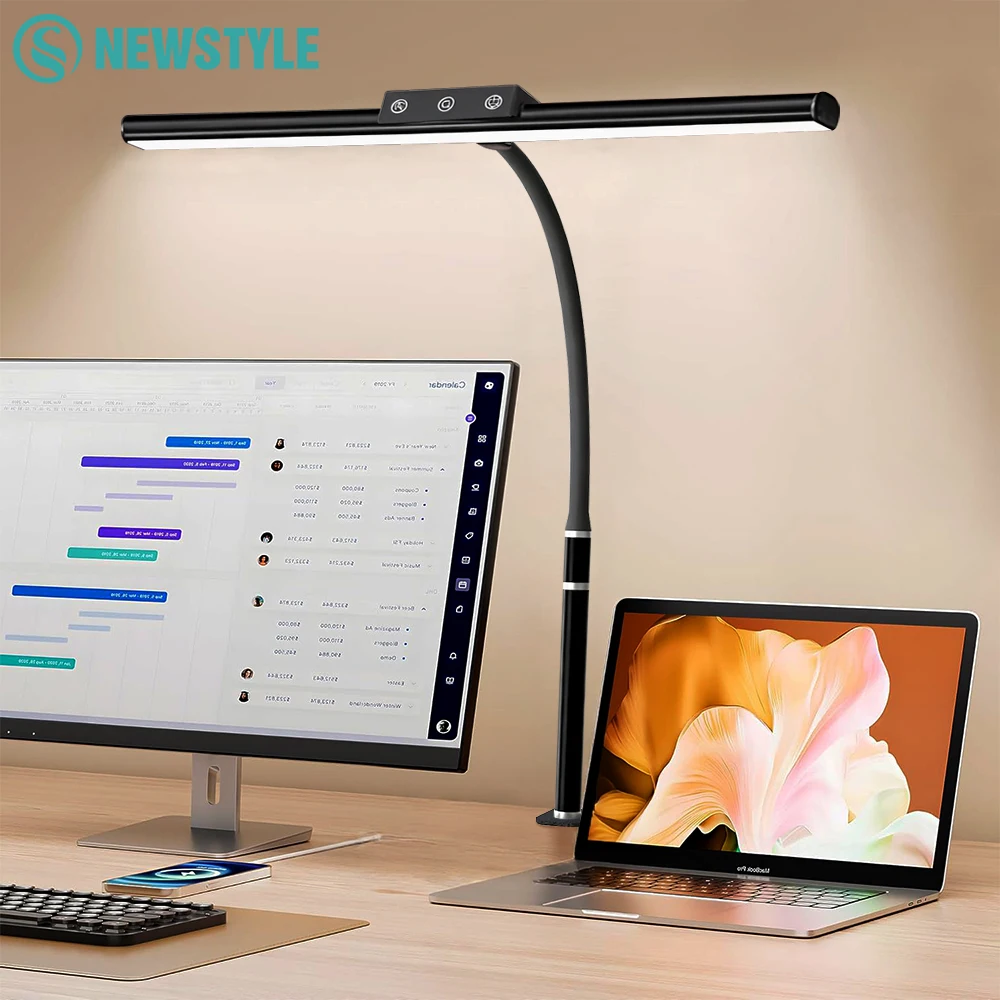 10 W LED-Schreibtischlampe für Büro und Zuhause, augenschonende Klemme, USB-Schreibtischlampe mit 5-farbiger stufenloser Dimmung, flexibler Schwanenhals, Touch-Steuerung
